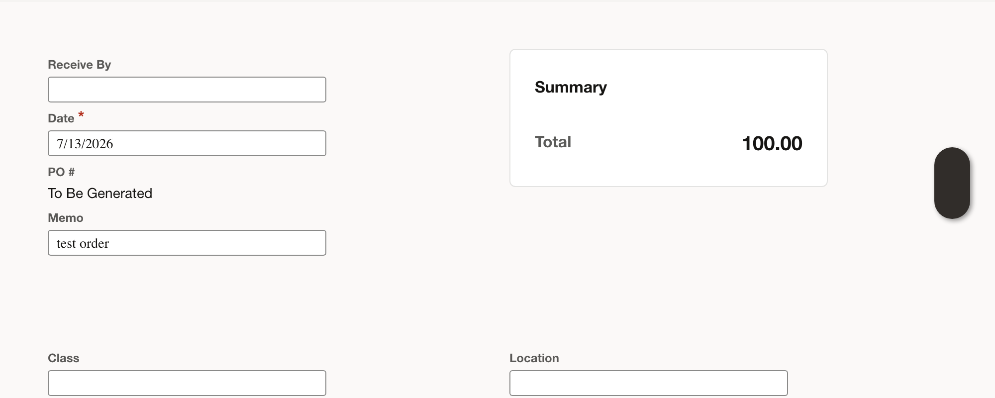 Purchase Order form with the vendor, memo, currency, and item total populated.