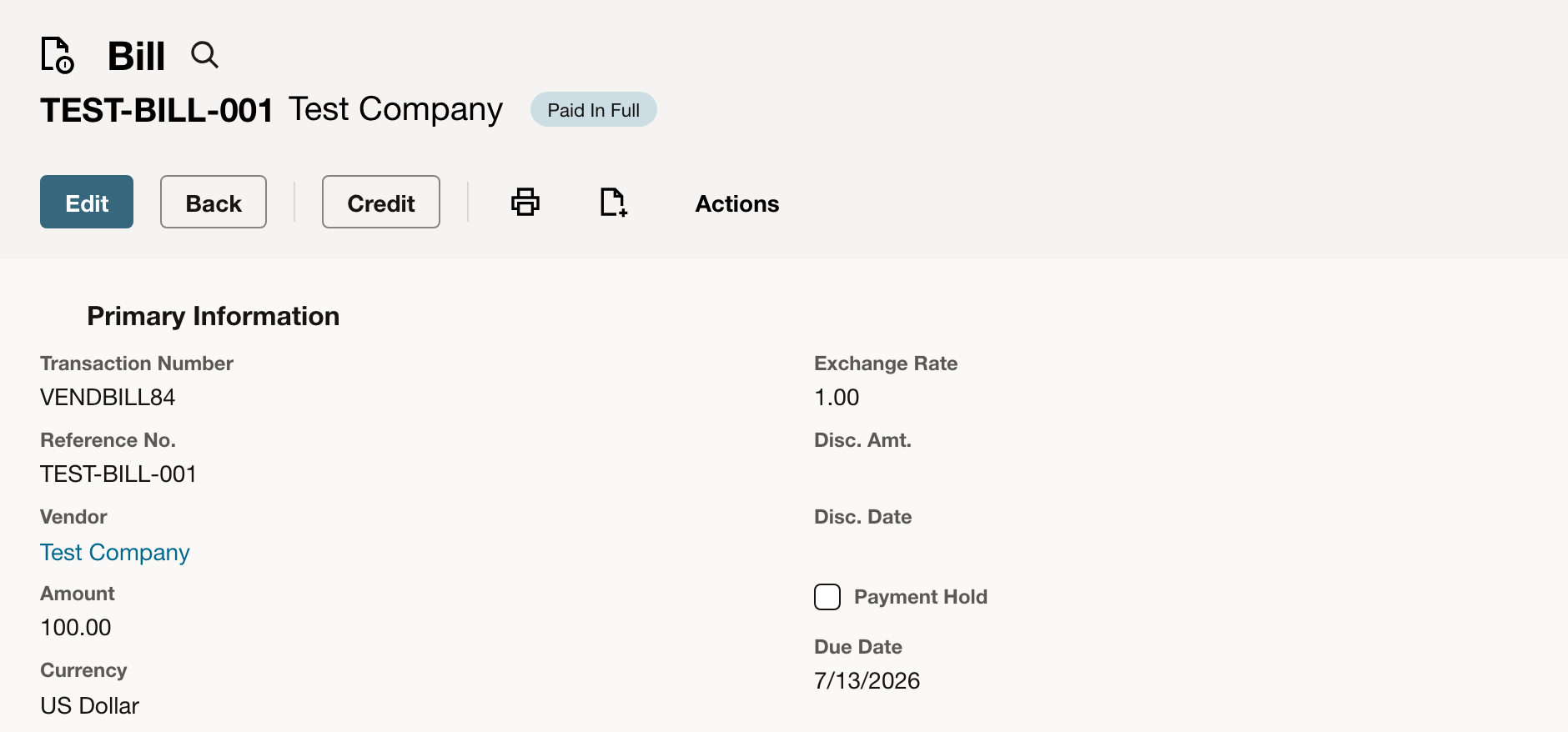 Saved Vendor Bill displaying Paid In Full and Approved.