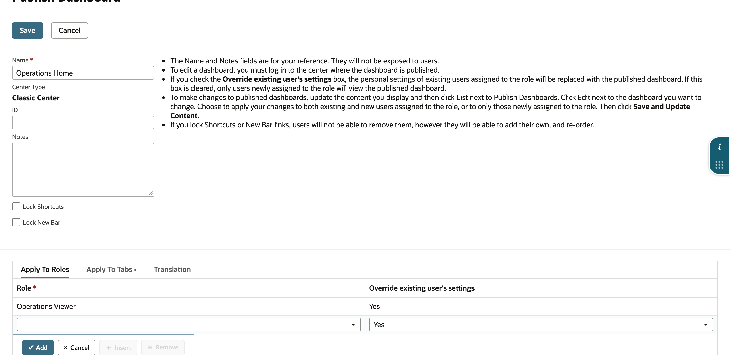 Publish Dashboard names Operations Home and applies it to Operations Viewer with override set to Yes.