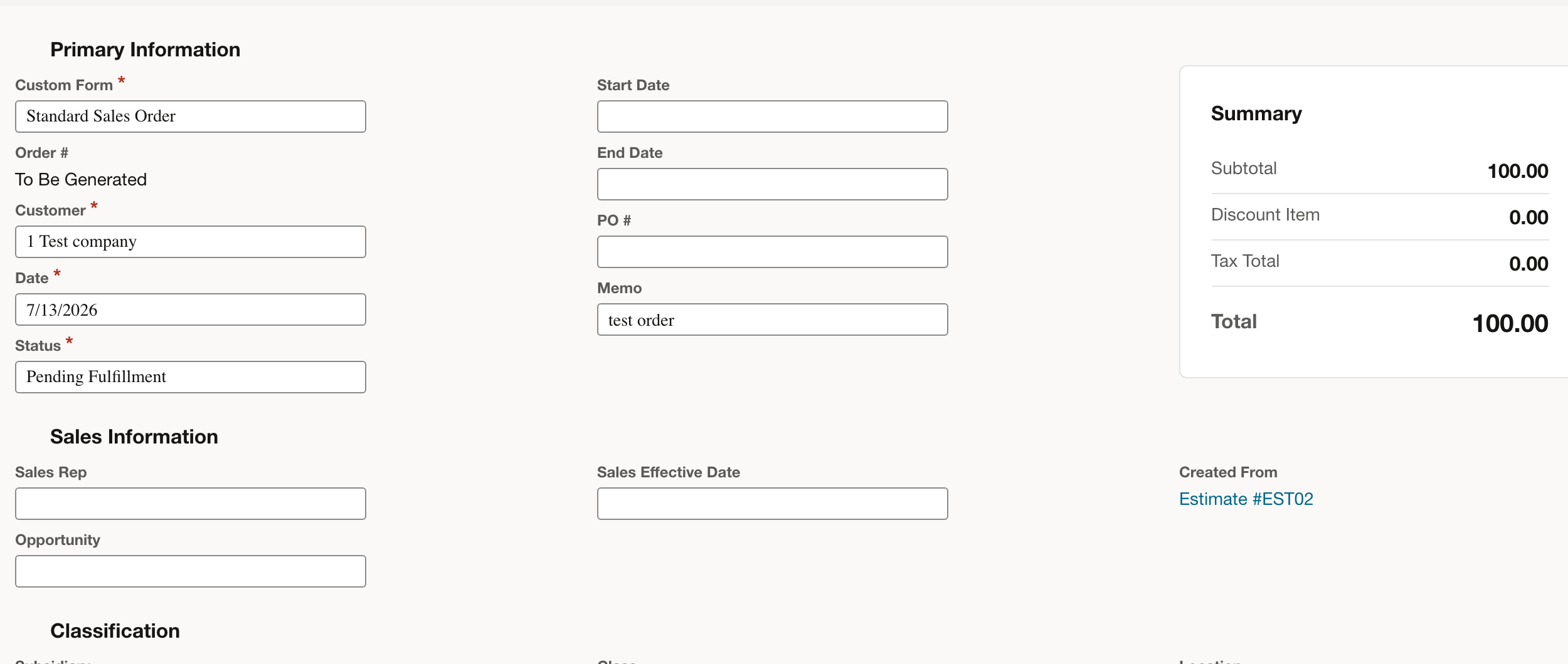 NetSuite: Confirm that the new order is based on the intended estimate.