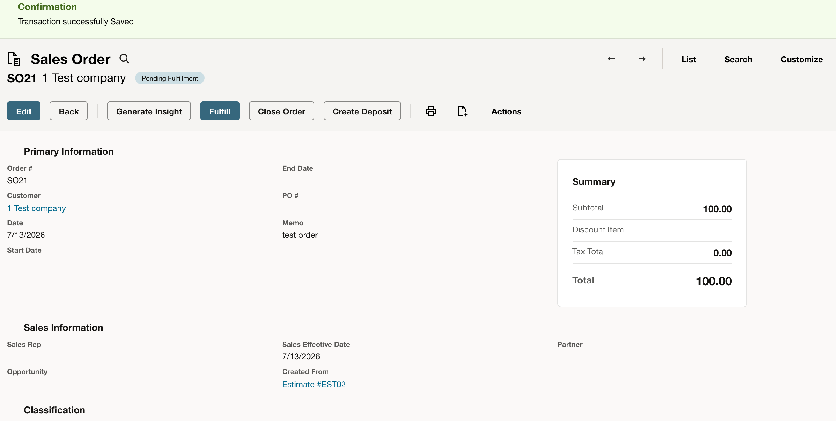 NetSuite: The saved sales order retains the reference to Estimate #EST02.