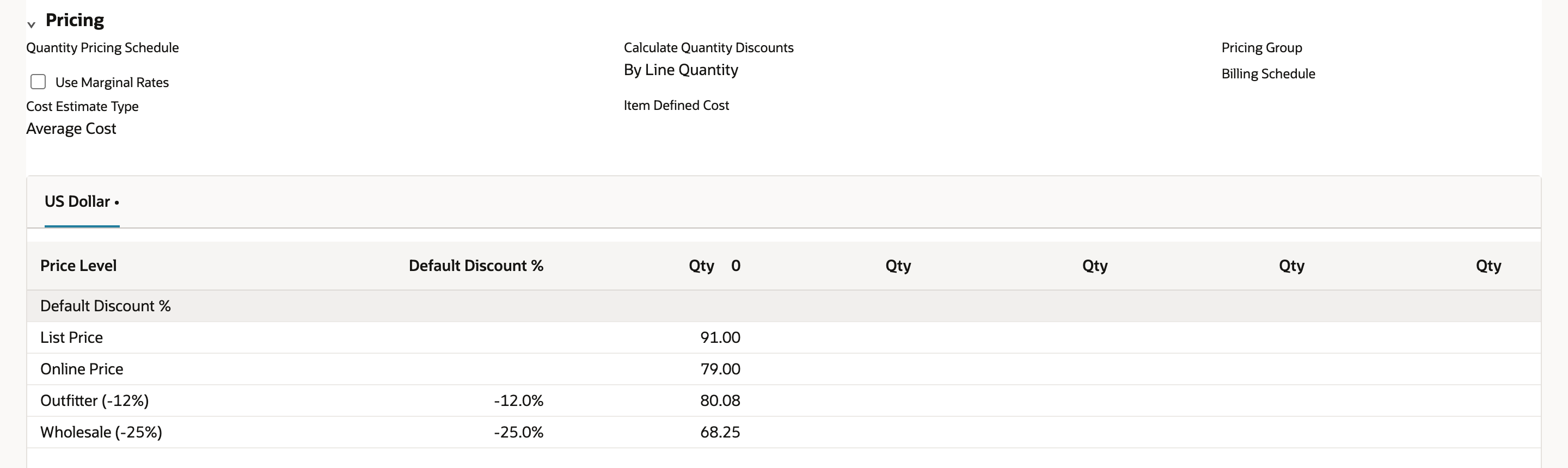 The Sales / Pricing subtab of CK-210 after the update with List Price 91.00, Online Price 79.00, Outfitter (-12%) 80.08 and Wholesale (-25%) 68.25.