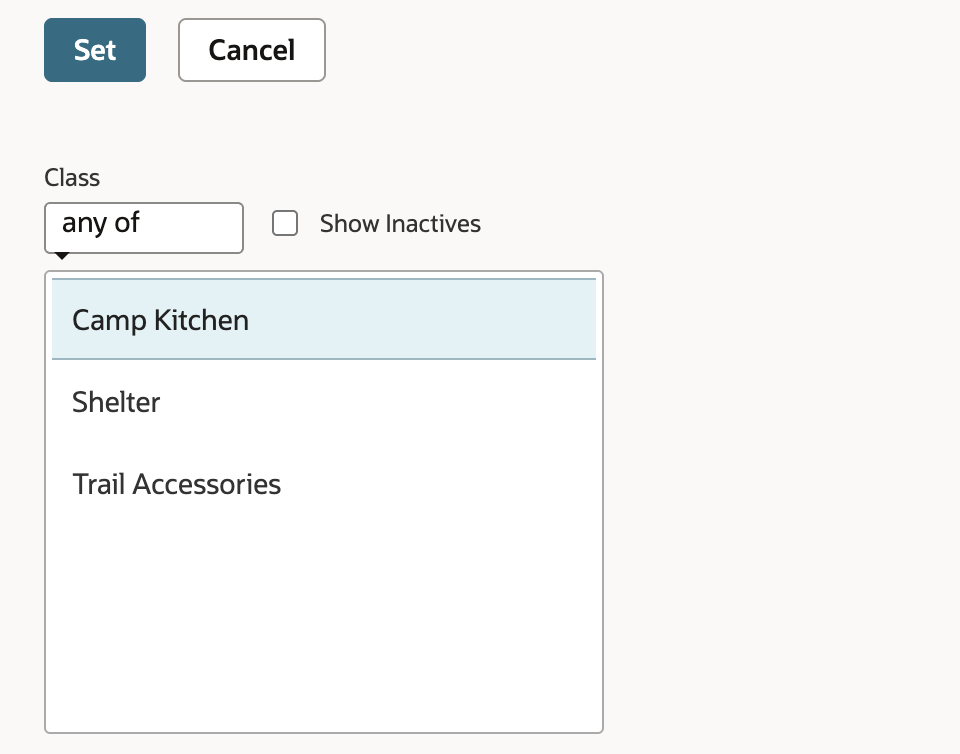 The Class criteria popup with any of selected and the classes Camp Kitchen, Shelter and Trail Accessories, with Camp Kitchen highlighted.