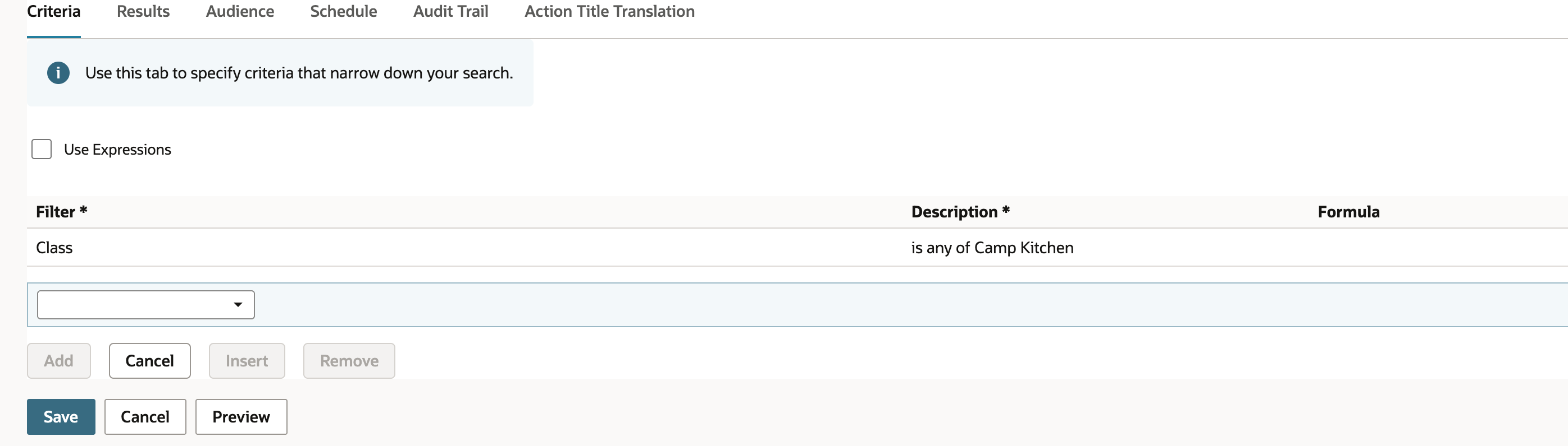 The Criteria subtab with one row: Filter Class, Description is any of Camp Kitchen.