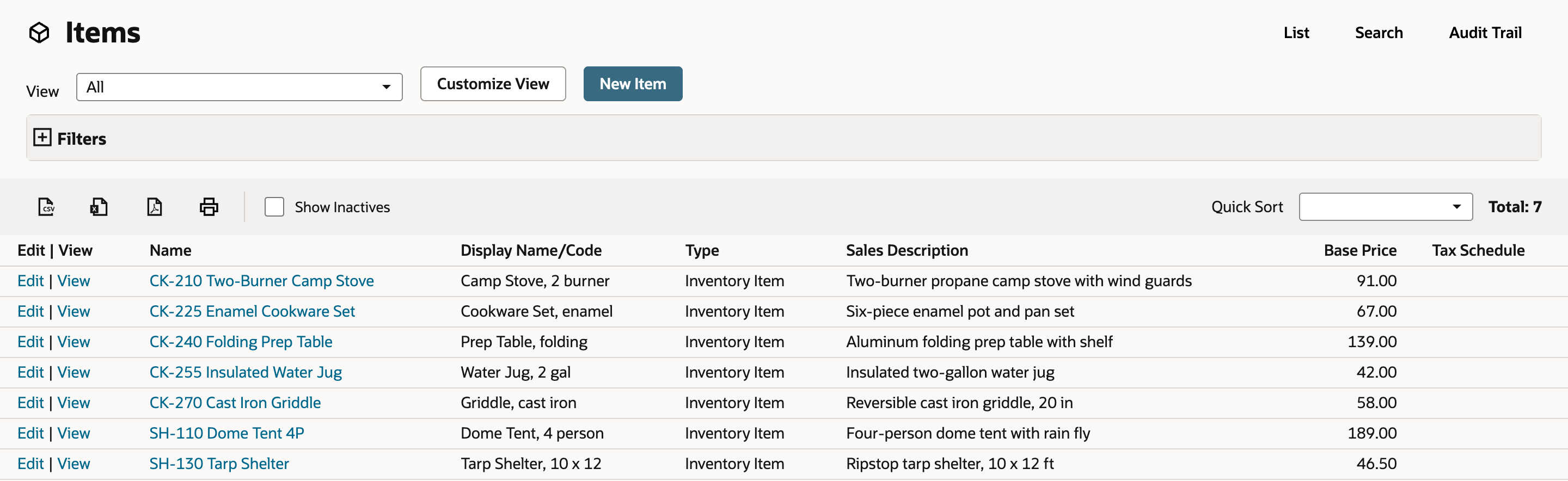 The Items list after the update. Base Price reads 91.00, 67.00, 139.00, 42.00 and 58.00 for the five CK items and still 189.00 and 46.50 for SH-110 and SH-130.