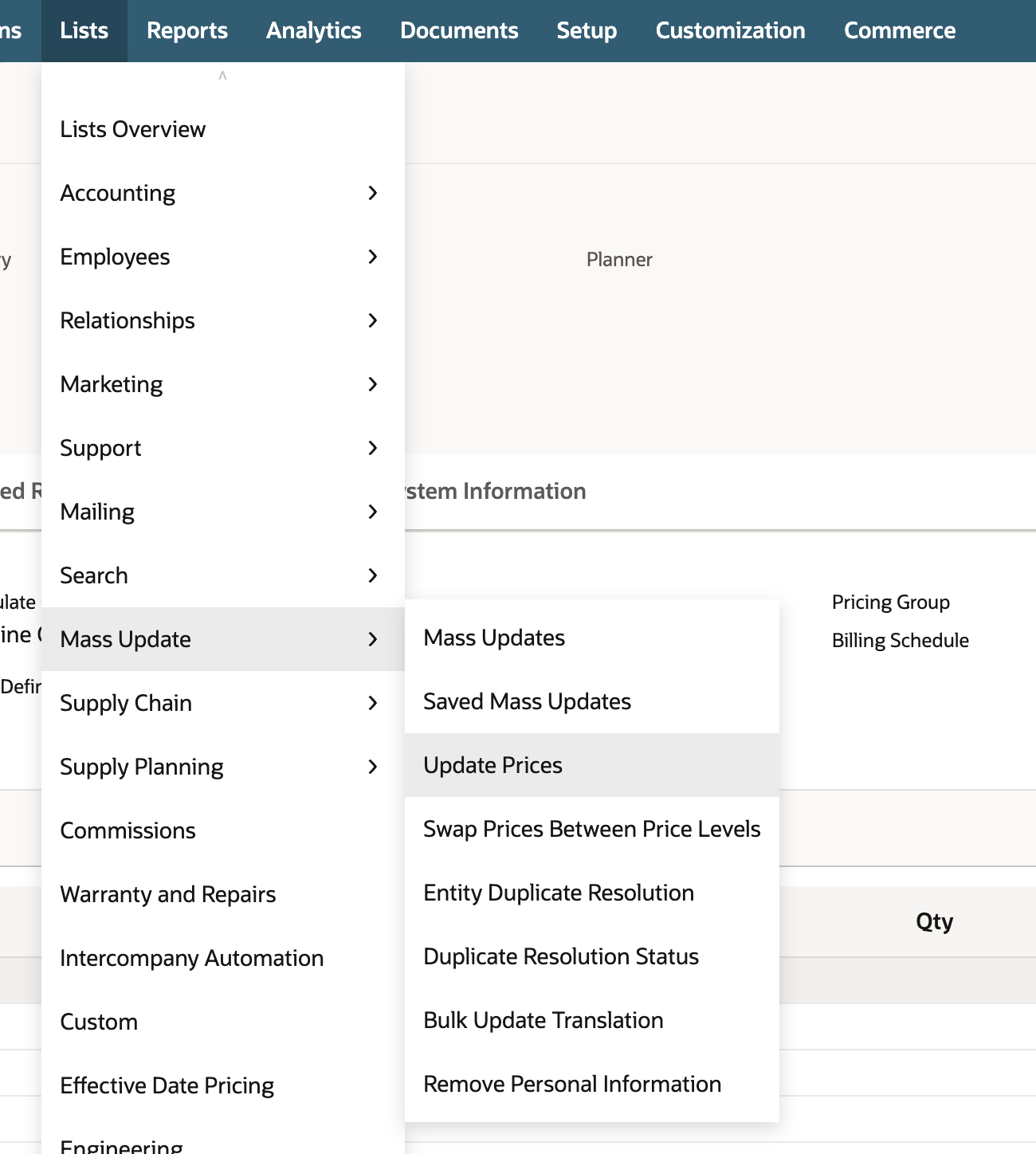 The Lists menu open with Mass Update expanded and its submenu listing Mass Updates, Saved Mass Updates, Update Prices, Swap Prices Between Price Levels and other mass updates.