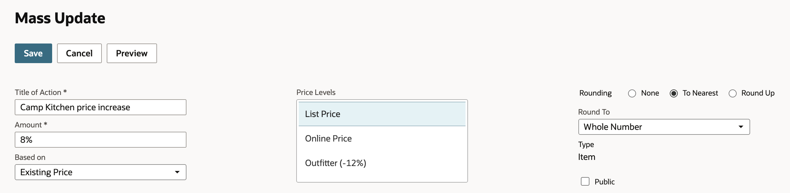 The Mass Update header with Title of Action Camp Kitchen price increase, Amount 8%, Based on Existing Price, Price Levels with List Price selected, Rounding To Nearest and Round To Whole Number.