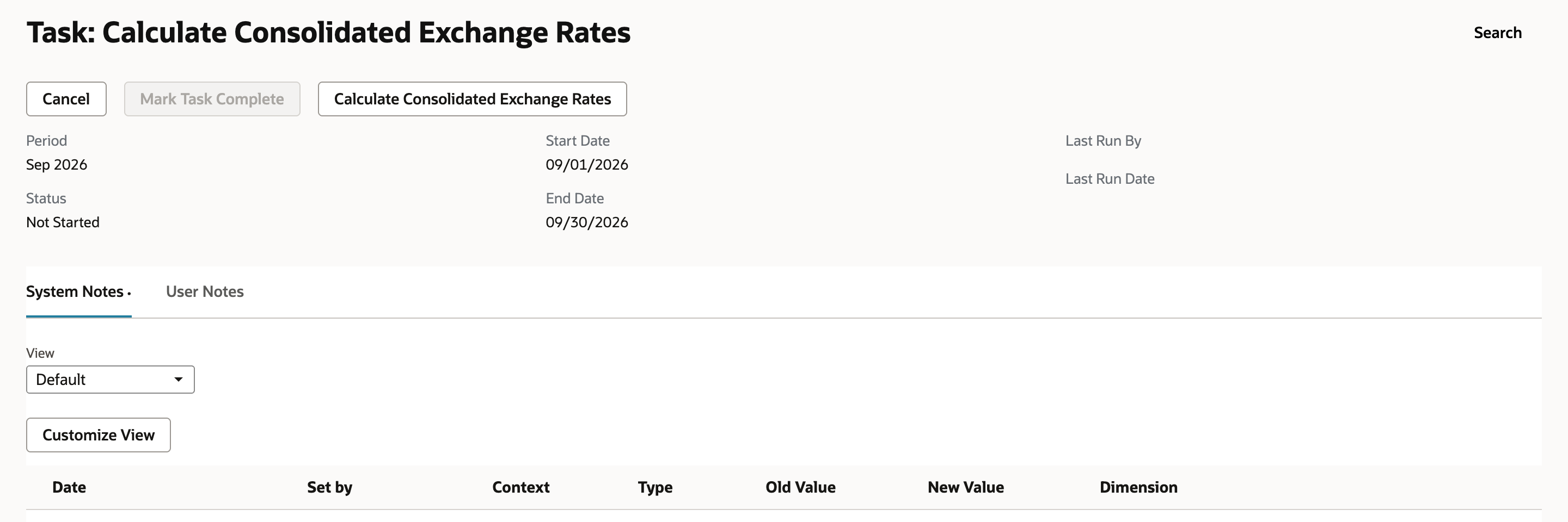 Task: Calculate Consolidated Exchange Rates for Sep 2026 with Status Not Started. Mark Task Complete is greyed out. An arrow points at the Calculate Consolidated Exchange Rates button.
