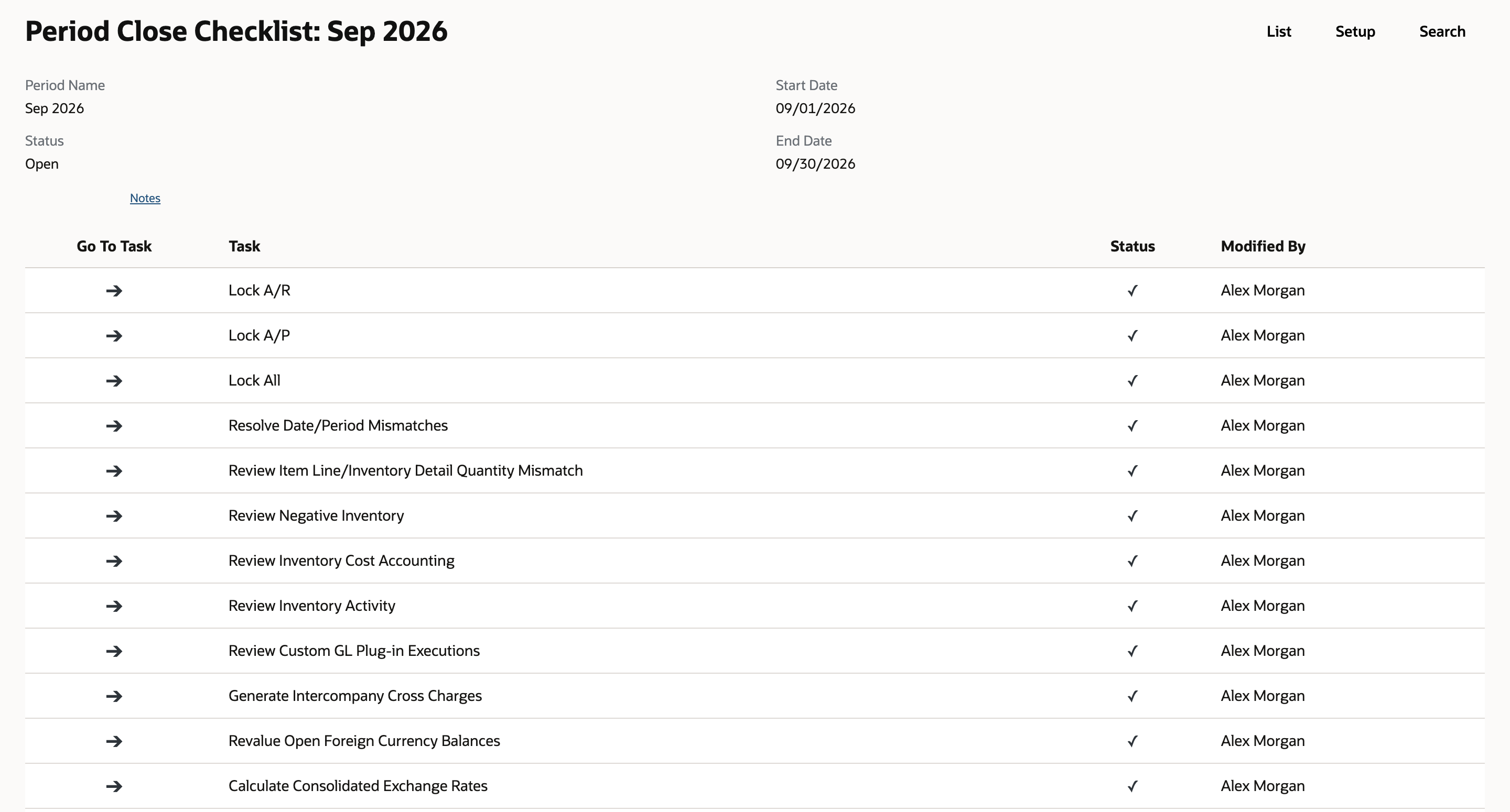Period Close Checklist: Sep 2026 with Calculate Consolidated Exchange Rates now checked and Modified By Alex Morgan. An arrow points at that row.