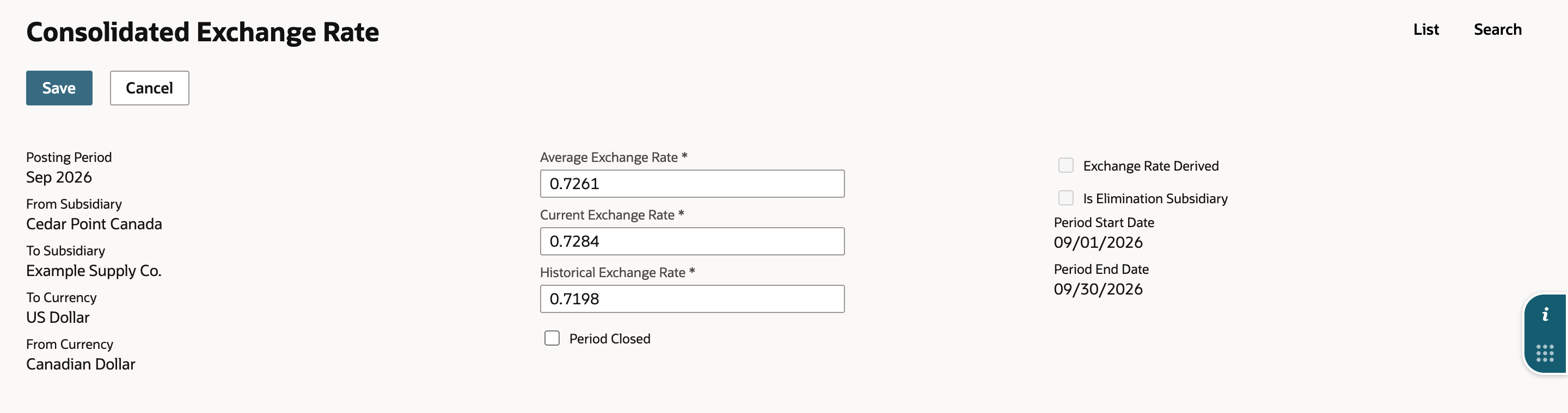 The Consolidated Exchange Rate edit form for Sep 2026, Cedar Point Canada to Example Supply Co. An arrow points at the Current Exchange Rate field, which holds 0.7284.