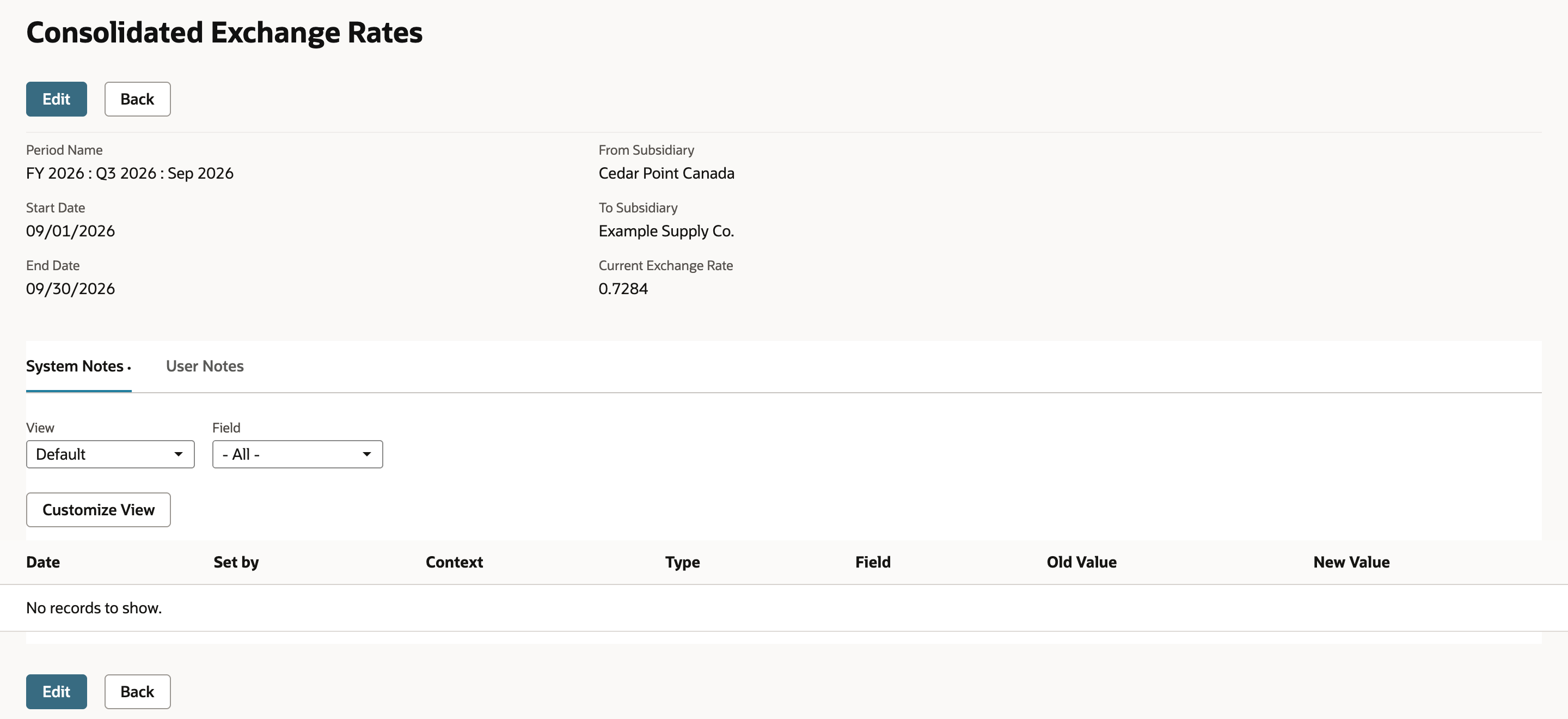 The Consolidated Exchange Rates record for Sep 2026, Cedar Point Canada to Example Supply Co., Current Exchange Rate 0.7284. The System Notes table says No records to show.