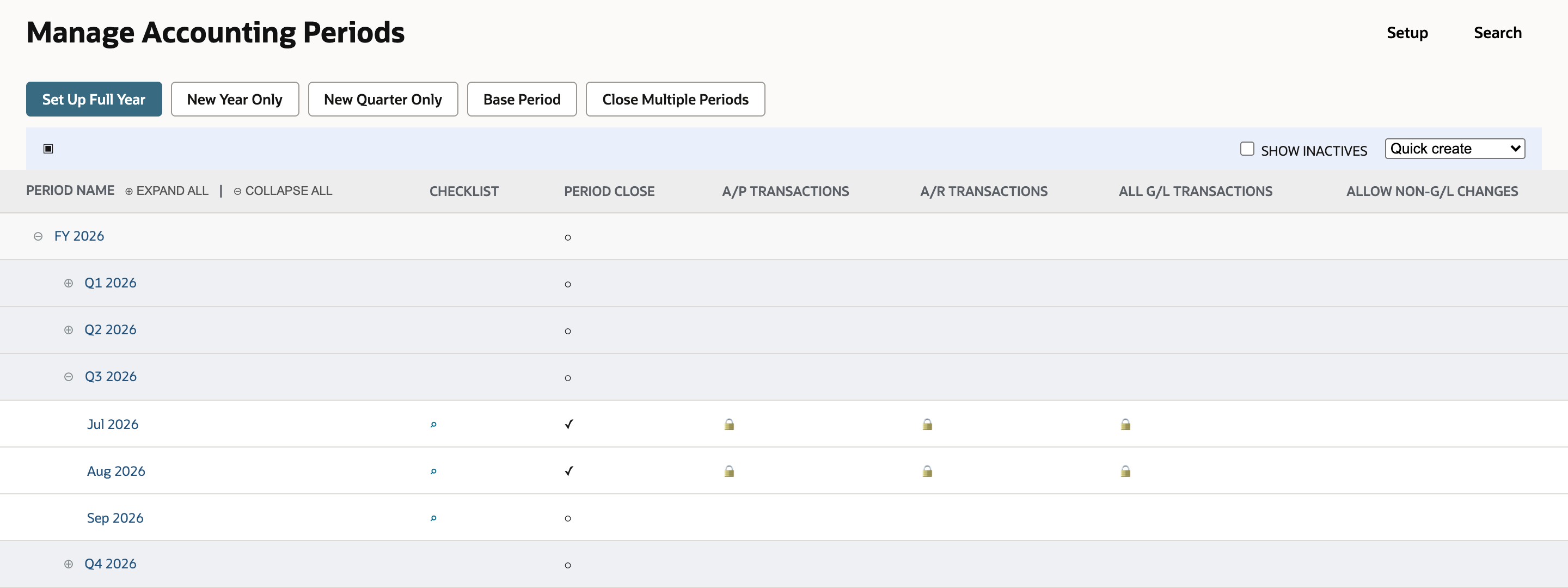 Manage Accounting Periods listing Jul 2026, Aug 2026 and Sep 2026 under Q3 2026, each with a checklist icon. An arrow points at the checklist icon on the Sep 2026 row.