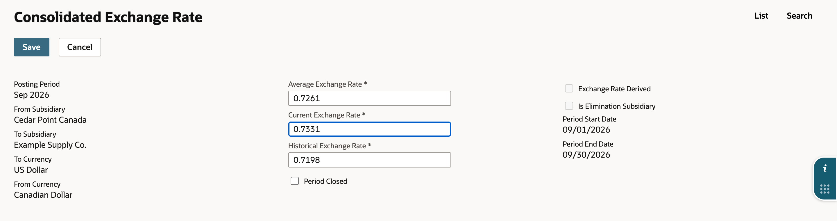 The edit form for the Sep 2026 Cedar Point Canada to Example Supply Co. rate with 0.7331 typed in Current Exchange Rate, and an arrow pointing at it.