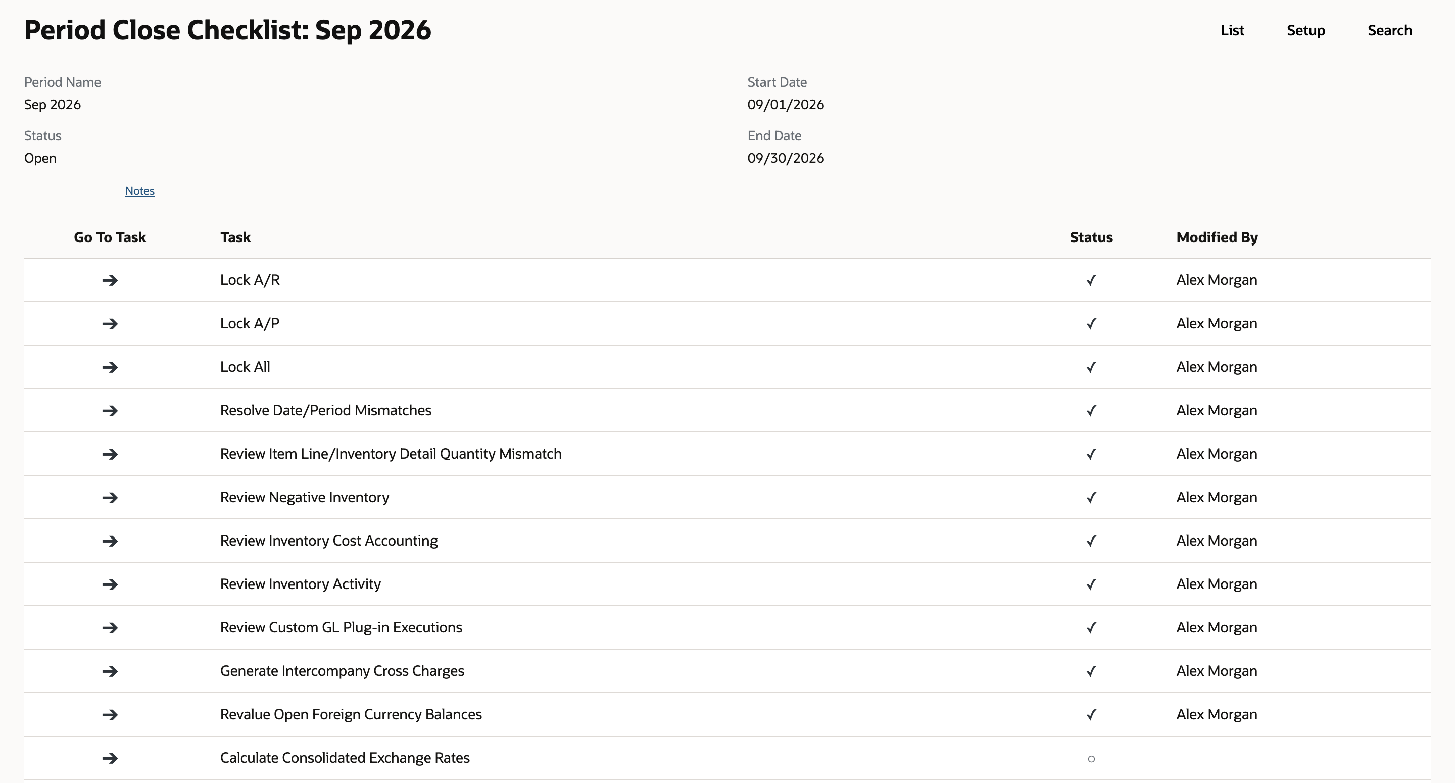 Period Close Checklist: Sep 2026 with the tasks from Lock A/R to Revalue Open Foreign Currency Balances checked and Modified By Alex Morgan. An arrow points at Calculate Consolidated Exchange Rates, which is not checked.