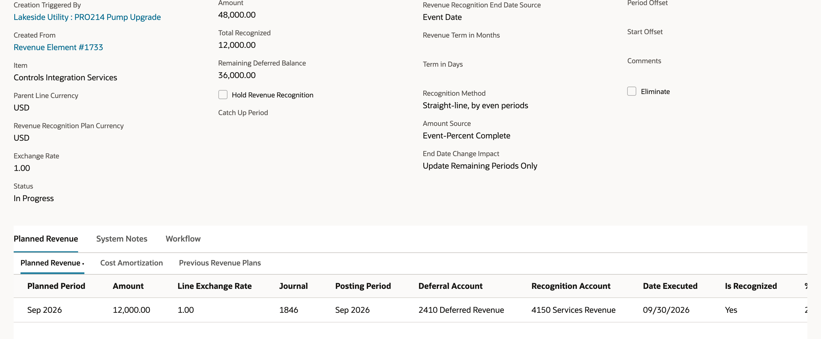 Revenue Recognition Plan 3318 with Total Recognized 12,000.00 and Remaining Deferred Balance 36,000.00 beside Amount Source Event-Percent Complete. The Planned Revenue sublist has one Sep 2026 line for 12,000.00, journal 1846. A red arrow points at the 12,000.00 Total Recognized value.