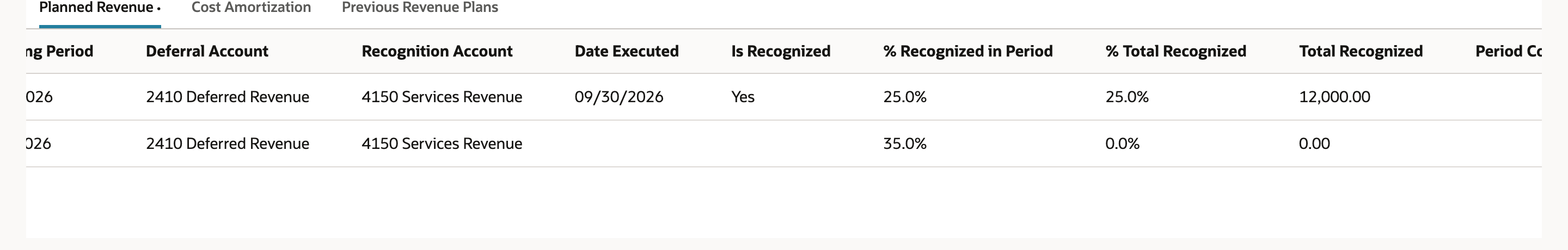 Planned Revenue sublist scrolled right. The Oct 2026 line shows % Recognized in Period 35.0%, marked by a red arrow, % Total Recognized 0.0% and Total Recognized 0.00.