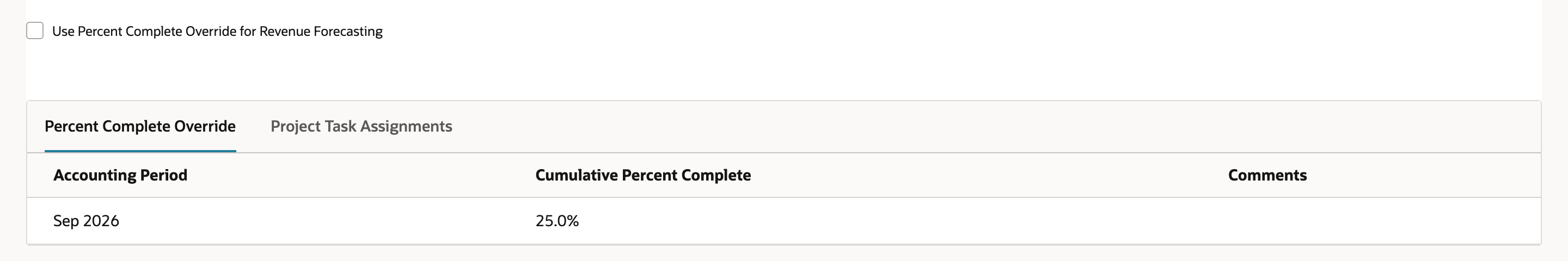 Percent Complete Override sublist on the project's Financial subtab with one row: Accounting Period Sep 2026, Cumulative Percent Complete 25.0%.