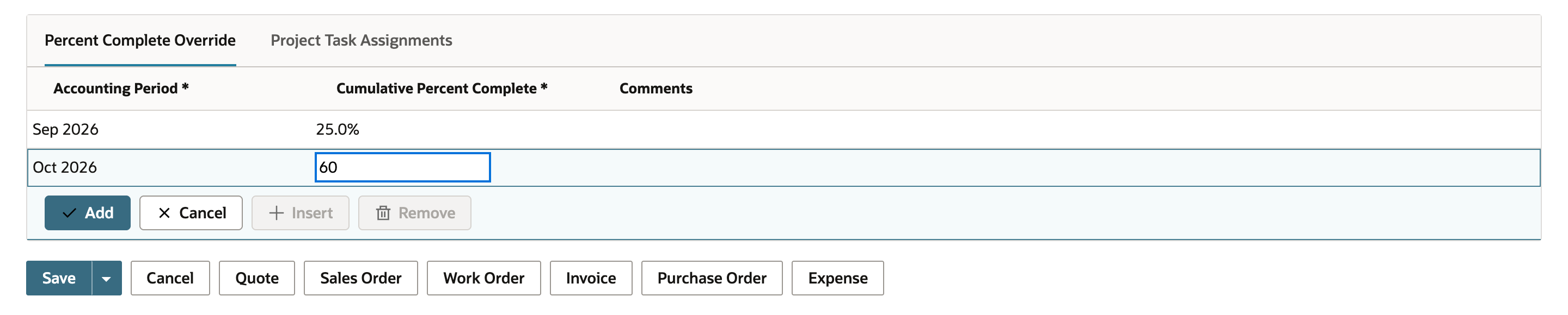 Project in edit mode with a new Percent Complete Override line: Accounting Period Oct 2026 and 60 typed in Cumulative Percent Complete, marked by a red arrow, with the Add and Cancel buttons below.