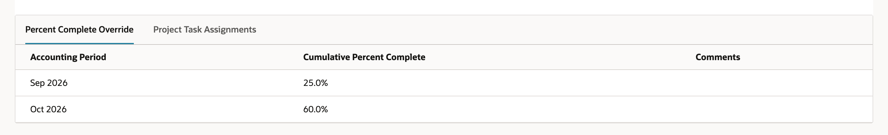 Saved project Percent Complete Override sublist with two rows: Sep 2026 at 25.0% and Oct 2026 at 60.0%.