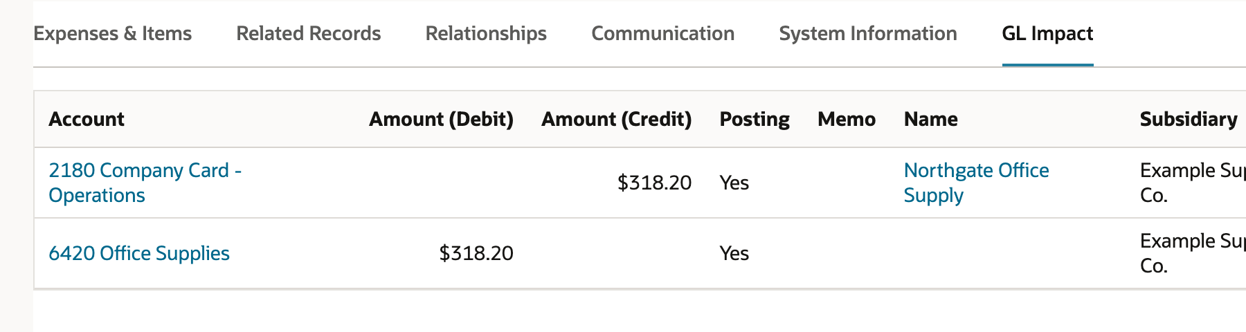 GL Impact showing 2180 Company Card - Operations credited 318.20 and 6420 Office Supplies debited 318.20