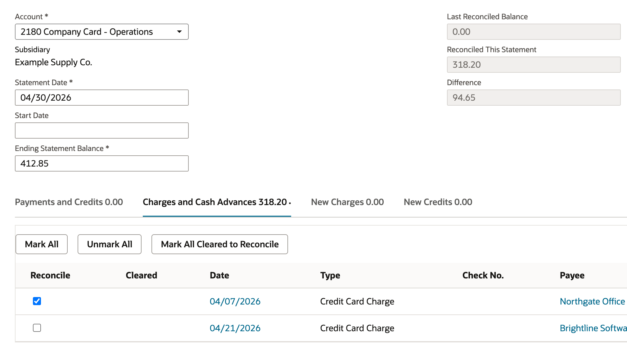 Northgate Office Supply 318.20 charge checked, Reconciled This Statement 318.20 and Difference 94.65