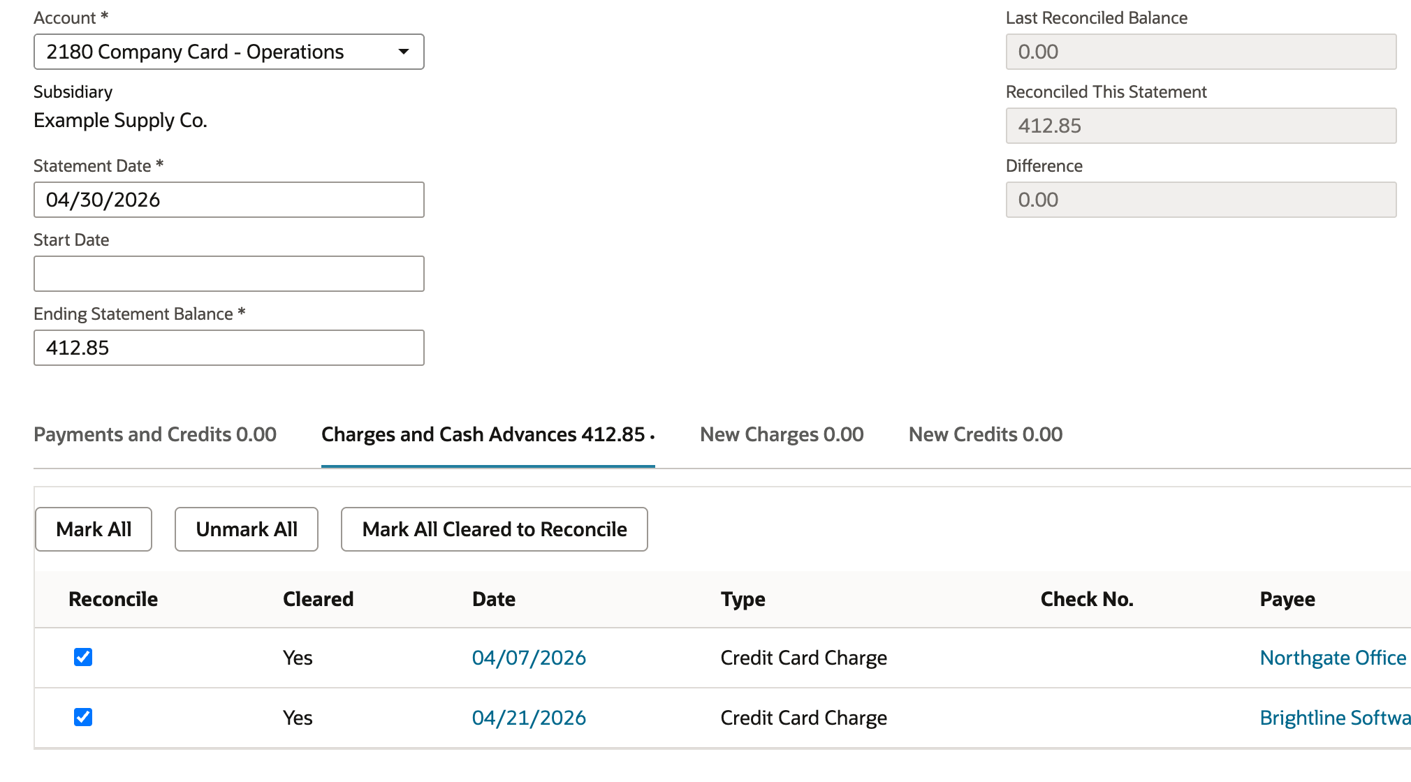 Reopened 04/30/2026 statement with Ending Statement Balance 412.85 and both charges Cleared Yes