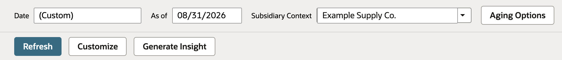 A/P Aging Summary footer with Date (Custom), As of 08/31/2026, Subsidiary Context Example Supply Co., Aging Options, and the Refresh, Customize and Generate Insight buttons.