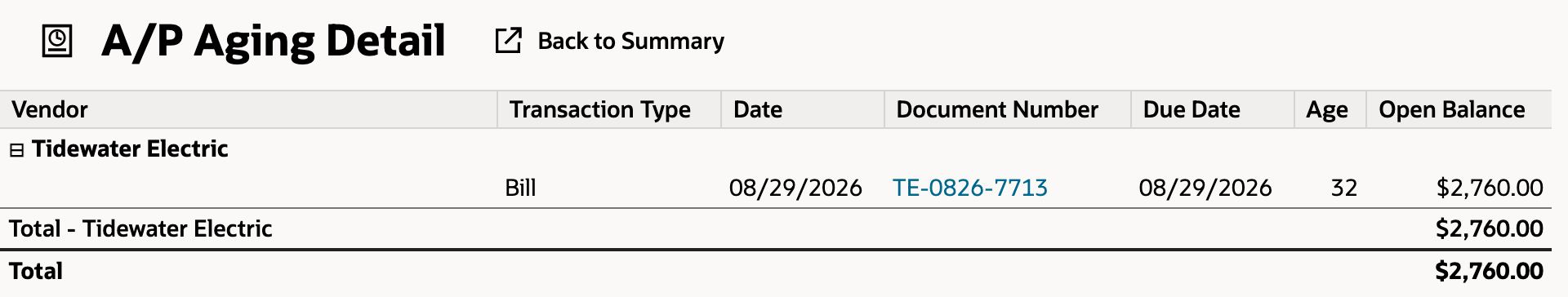 A/P Aging Detail for Tidewater Electric: one Bill, Date 08/29/2026, Document Number TE-0826-7713, Due Date 08/29/2026, Age 32, Open Balance $2,760.00.