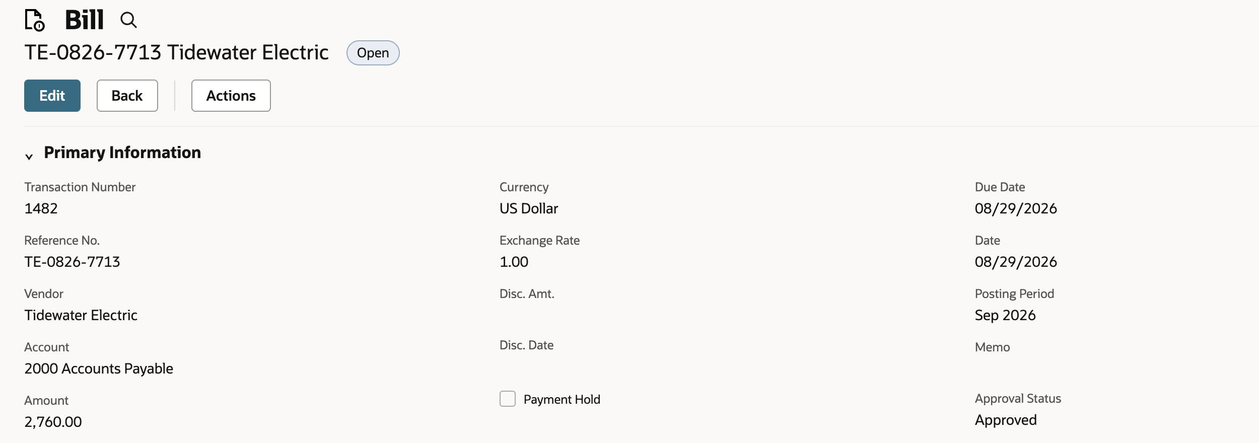 Bill TE-0826-7713 for Tidewater Electric: Account 2000 Accounts Payable, Amount 2,760.00, Date 08/29/2026 and Posting Period Sep 2026. An arrow points to Sep 2026.