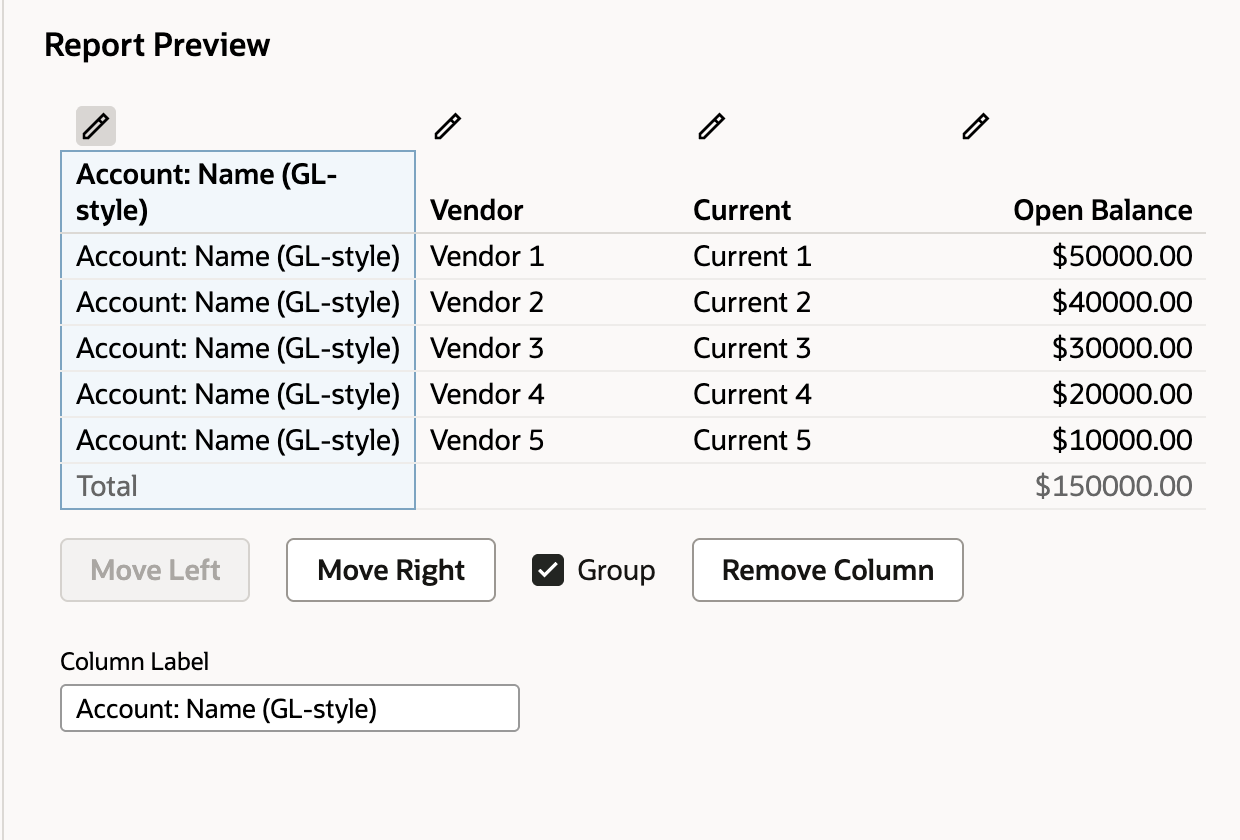 Report Preview with Account: Name (GL-style) as the first column, Move Left disabled, and a checked Group box. An arrow points to Group.