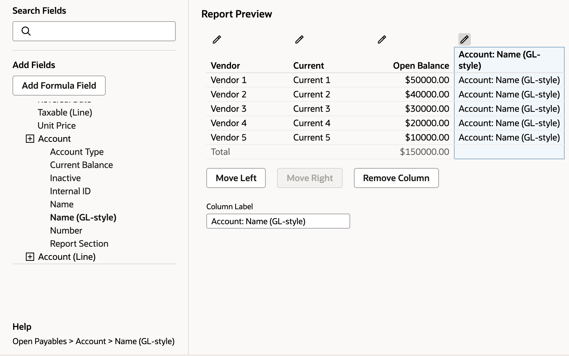 Report Builder with Add Fields expanded to Open Payables > Account. An arrow points to Name (GL-style). The Report Preview shows a new Account: Name (GL-style) column on the right.