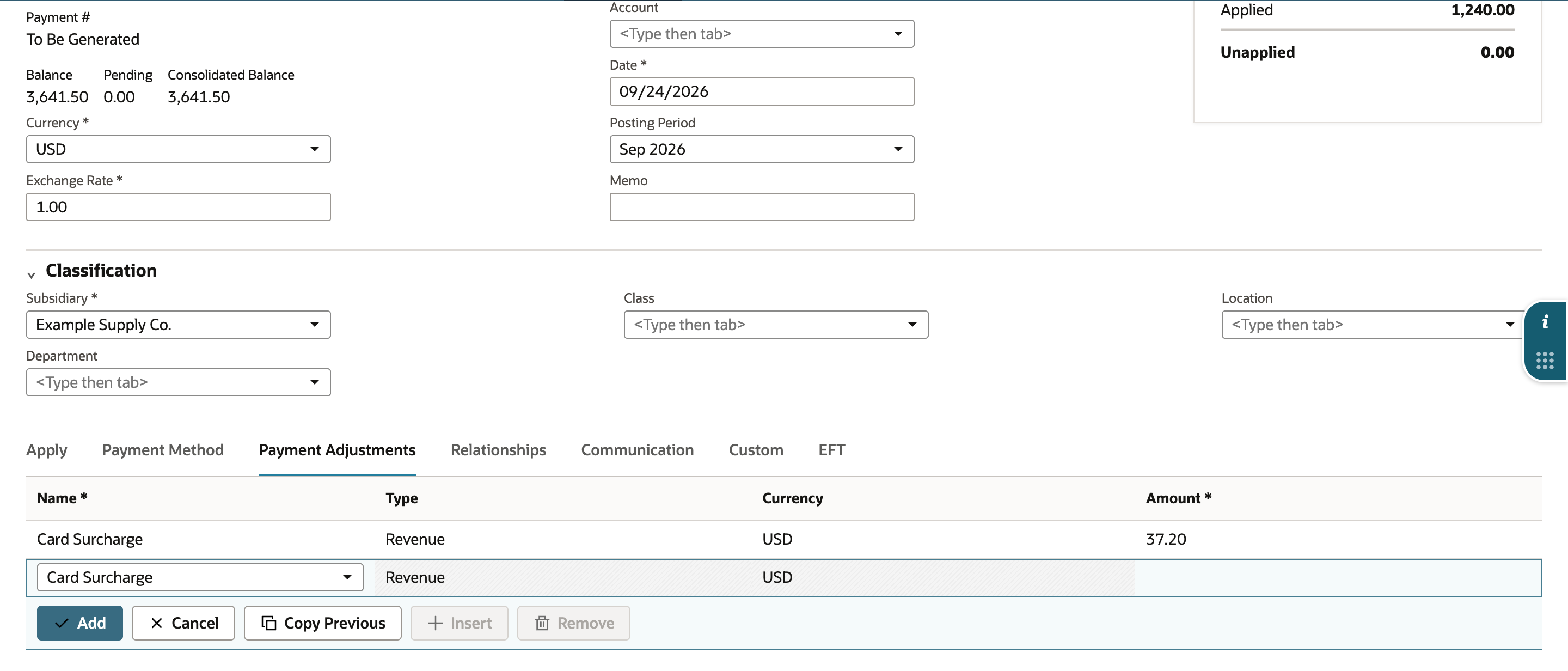 The Payment Adjustments subtab with a committed line: Card Surcharge, Revenue, USD, 37.20, and a new blank line below it.