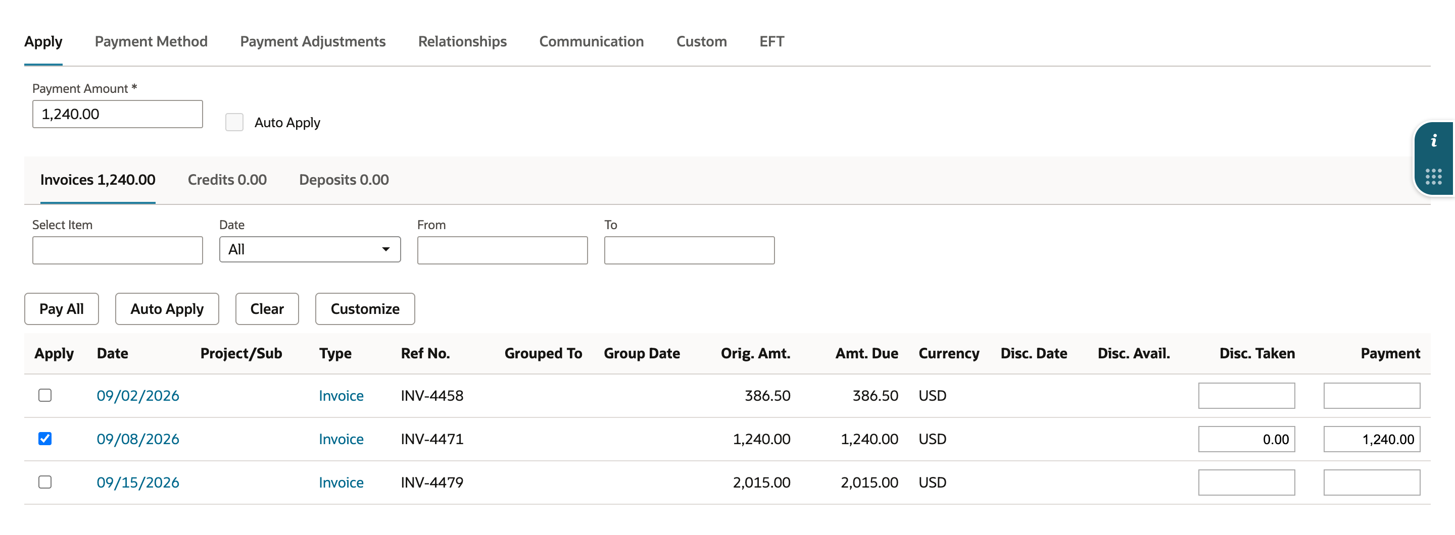 The Apply subtab with INV-4471 checked. Orig. Amt. and Amt. Due are 1,240.00, Payment is 1,240.00, and Payment Amount is 1,240.00.