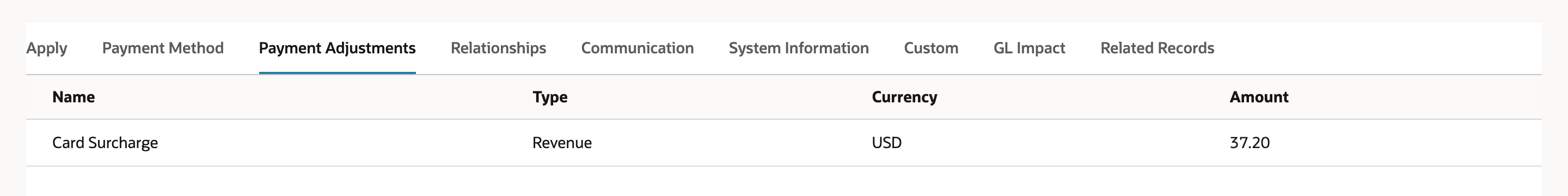 The Payment Adjustments subtab on the saved payment with one line: Card Surcharge, Revenue, USD, 37.20.