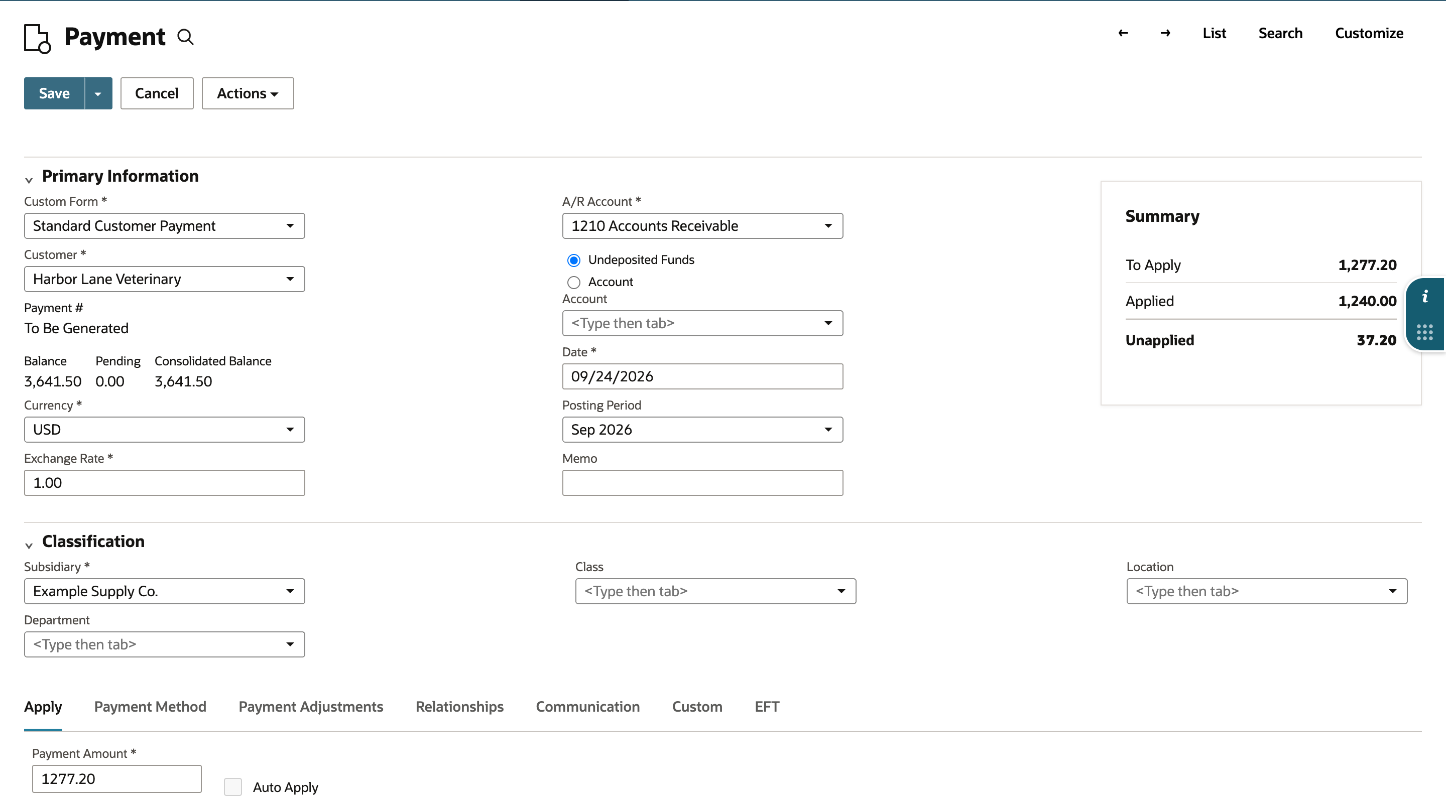 The customer payment with Payment Amount 1277.20 and a Summary of To Apply 1,277.20, Applied 1,240.00, and Unapplied 37.20.
