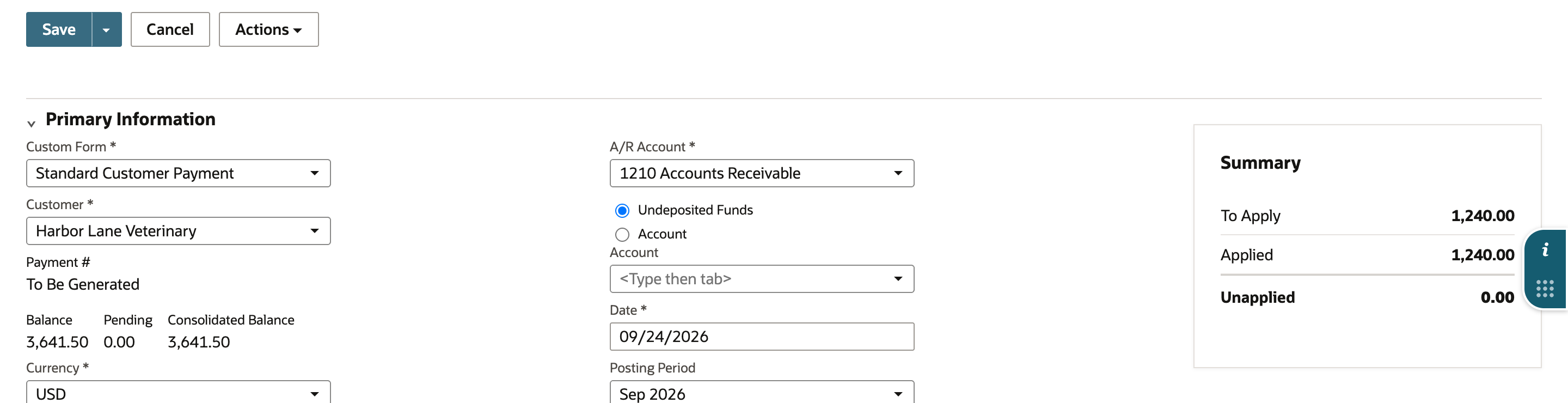 The payment Summary after the adjustment: To Apply 1,240.00, Applied 1,240.00, and Unapplied 0.00.