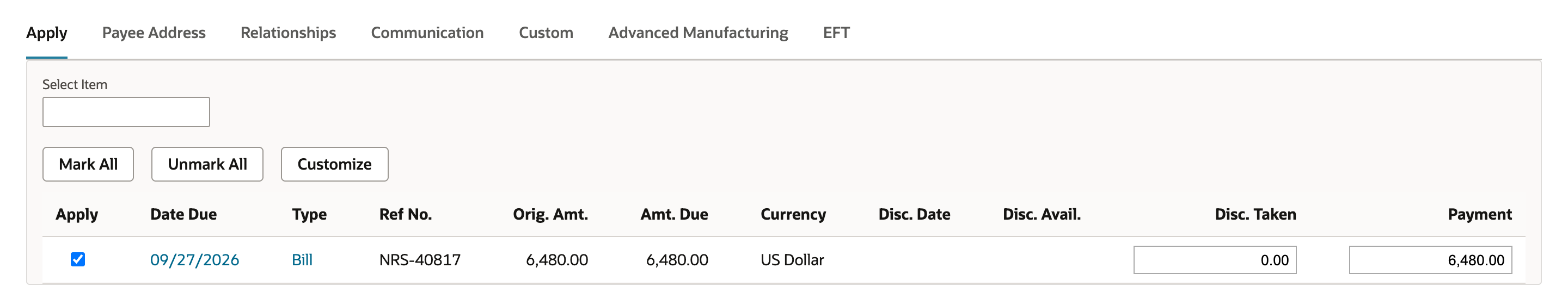 The Apply subtab of the bill payment with one checked row: Date Due 09/27/2026, Bill NRS-40817, Orig. Amt. 6,480.00, Amt. Due 6,480.00, Payment 6,480.00.