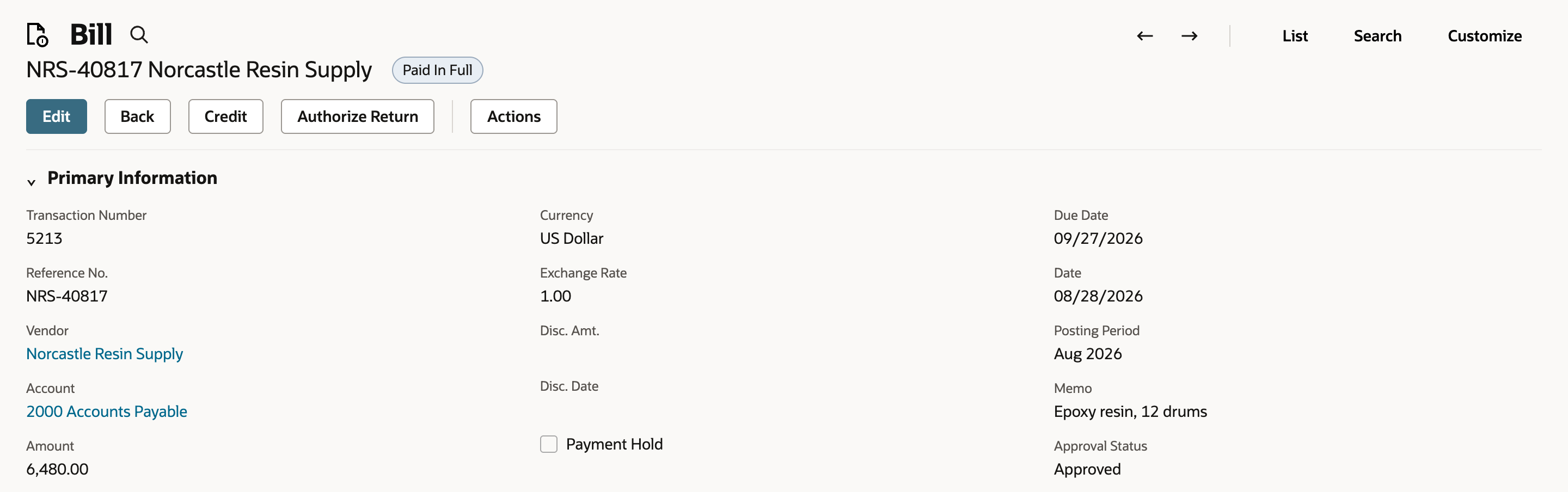 Bill NRS-40817 from Norcastle Resin Supply with status Paid In Full, Amount 6,480.00, and no Make Payment button in the button bar.