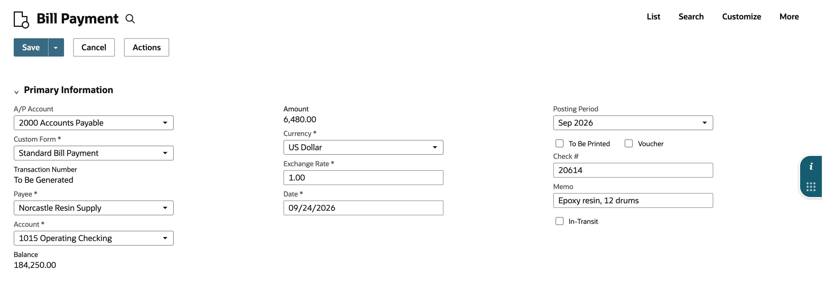 New Bill Payment for Norcastle Resin Supply from Account 1015 Operating Checking, with a red arrow pointing to Balance 184,250.00, Amount 6,480.00, Date 09/24/2026, Check # 20614, and In-Transit unchecked.
