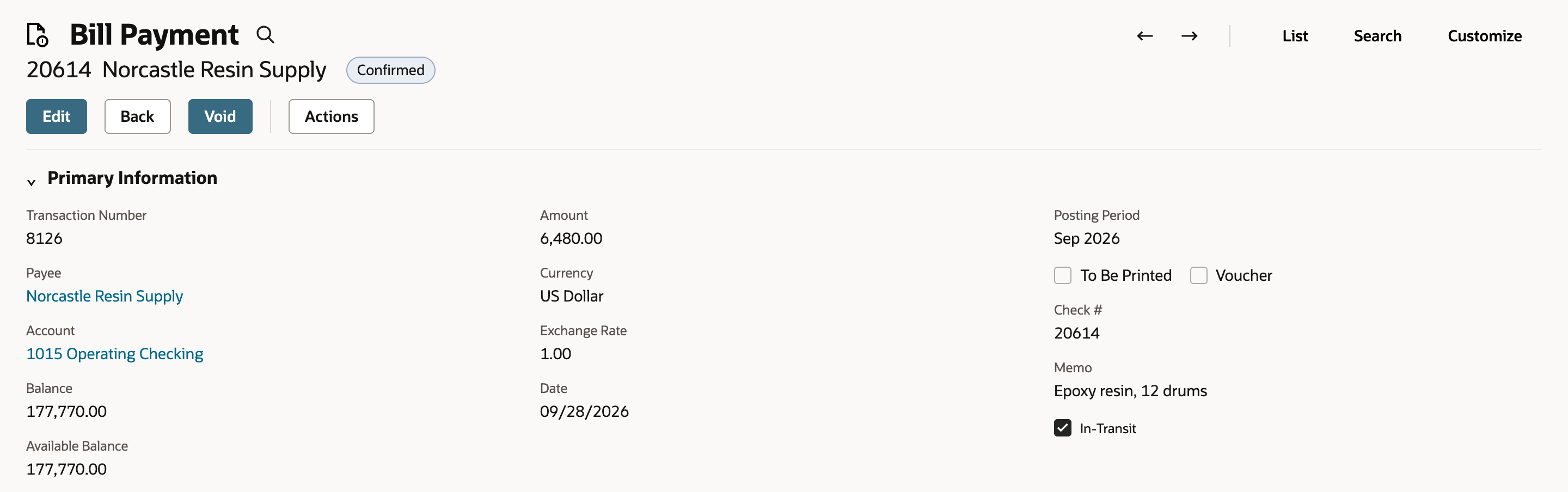 Bill payment 20614 with status Confirmed, Void in the button bar, Date 09/28/2026, and a red arrow pointing to Balance 177,770.00, with Available Balance 177,770.00 below it.