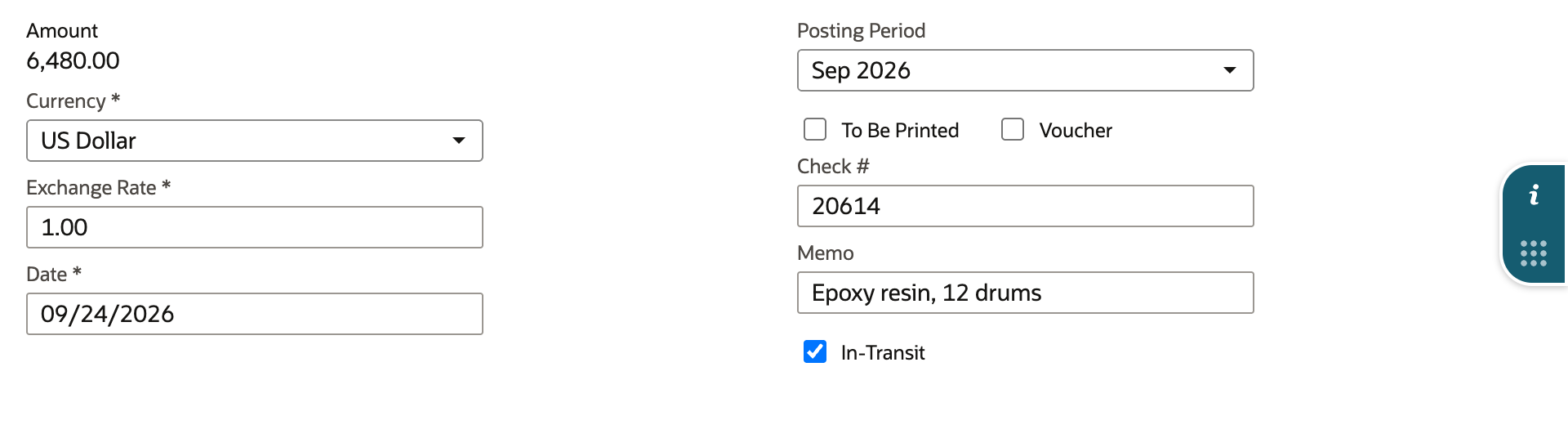 The right side of the Bill Payment form with Date 09/24/2026, Check # 20614, Memo Epoxy resin, 12 drums, and a red arrow pointing to the checked In-Transit box.