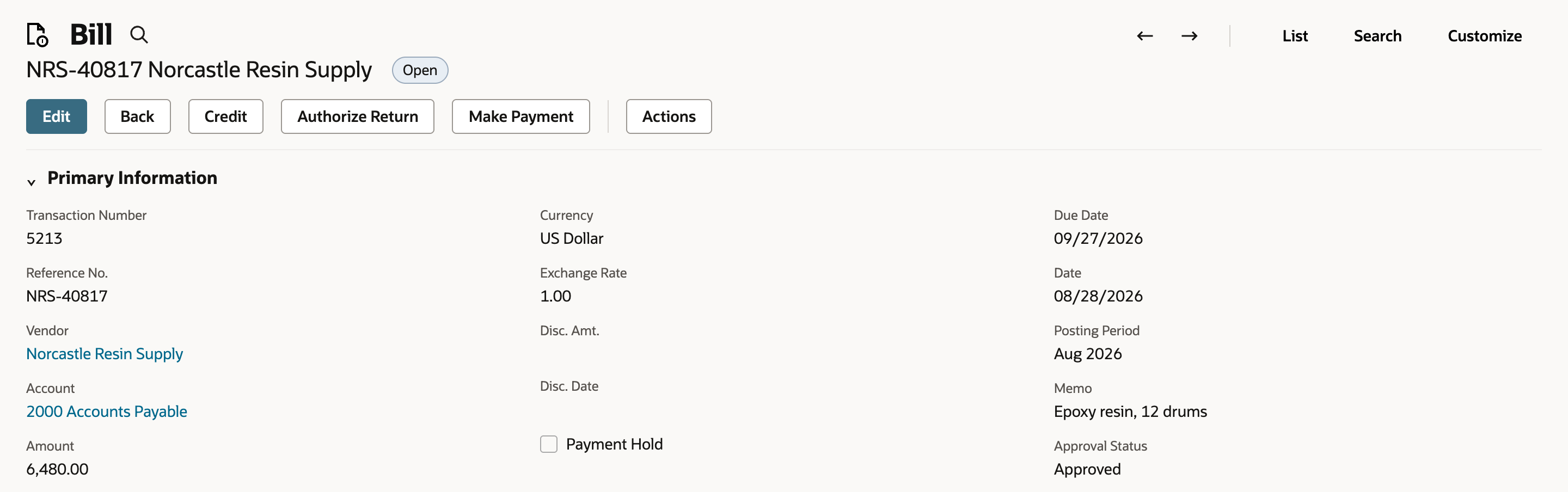 Bill NRS-40817 from Norcastle Resin Supply with status Open, Amount 6,480.00, Due Date 09/27/2026, and a red arrow pointing to the Make Payment button.