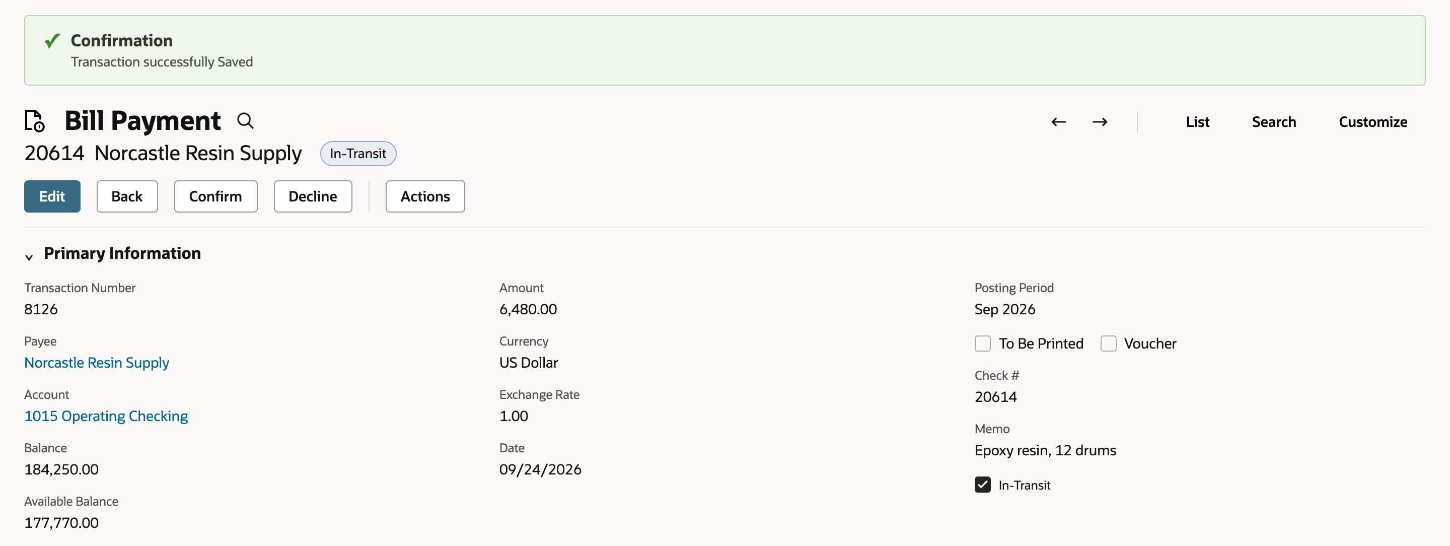 Saved bill payment 20614 to Norcastle Resin Supply with status In-Transit, Confirm and Decline buttons, Balance 184,250.00, and a red arrow pointing to Available Balance 177,770.00.