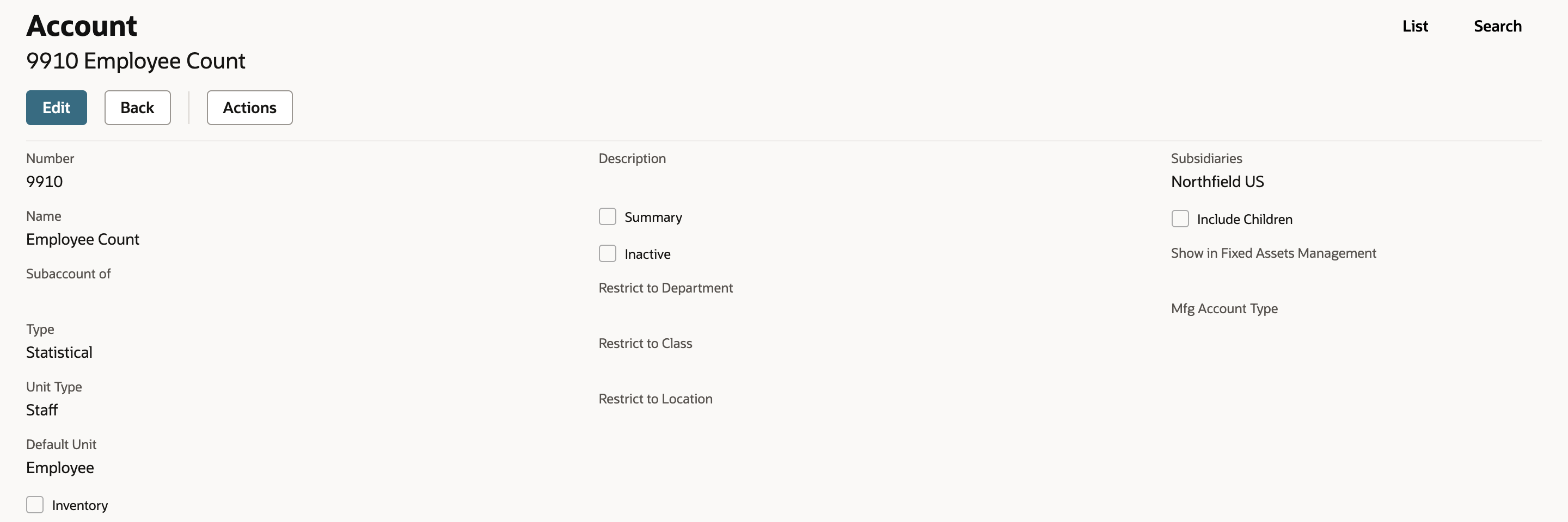 Saved NetSuite account 9910 Employee Count with Type Statistical, Unit Type Staff, Default Unit Employee and Subsidiaries Northfield US