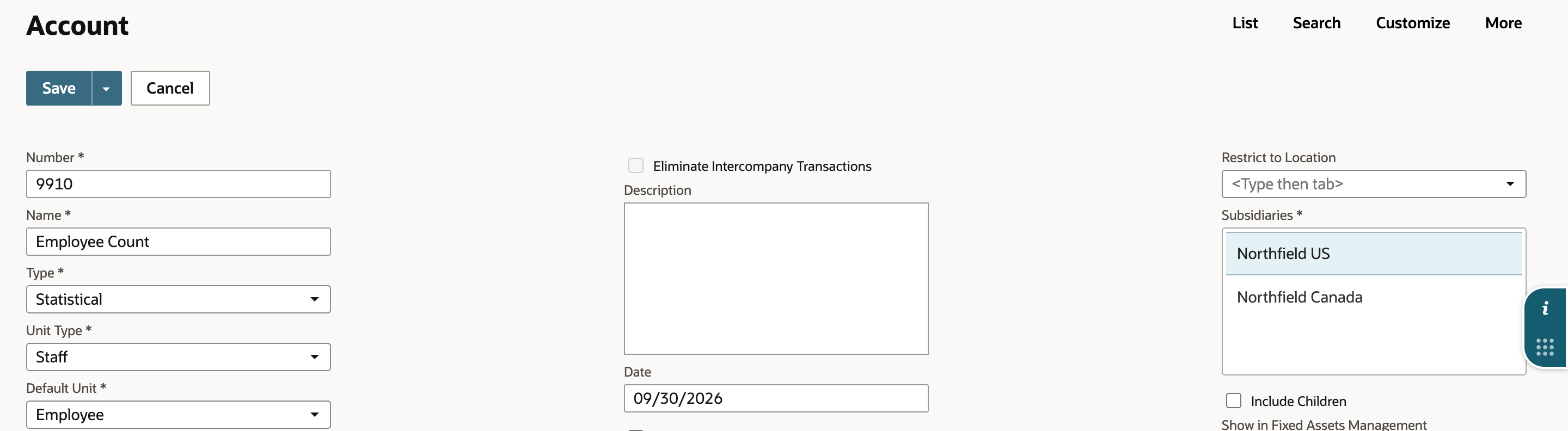 NetSuite new Account form with Number 9910, Name Employee Count, Type Statistical, Unit Type Staff, Default Unit Employee and Subsidiaries Northfield US selected