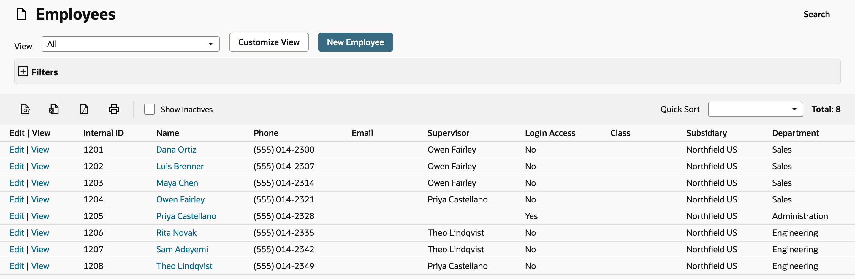 NetSuite Employees list with eight employees; the Department column shows four in Sales, one in Administration and three in Engineering