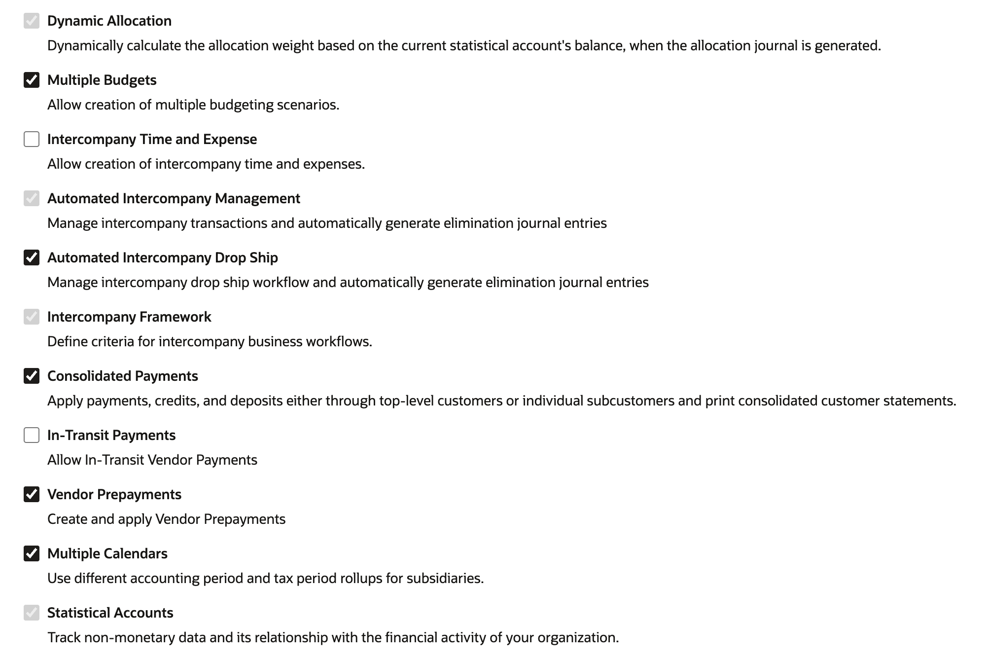 NetSuite Enable Features Accounting subtab showing Dynamic Allocation and Statistical Accounts checked