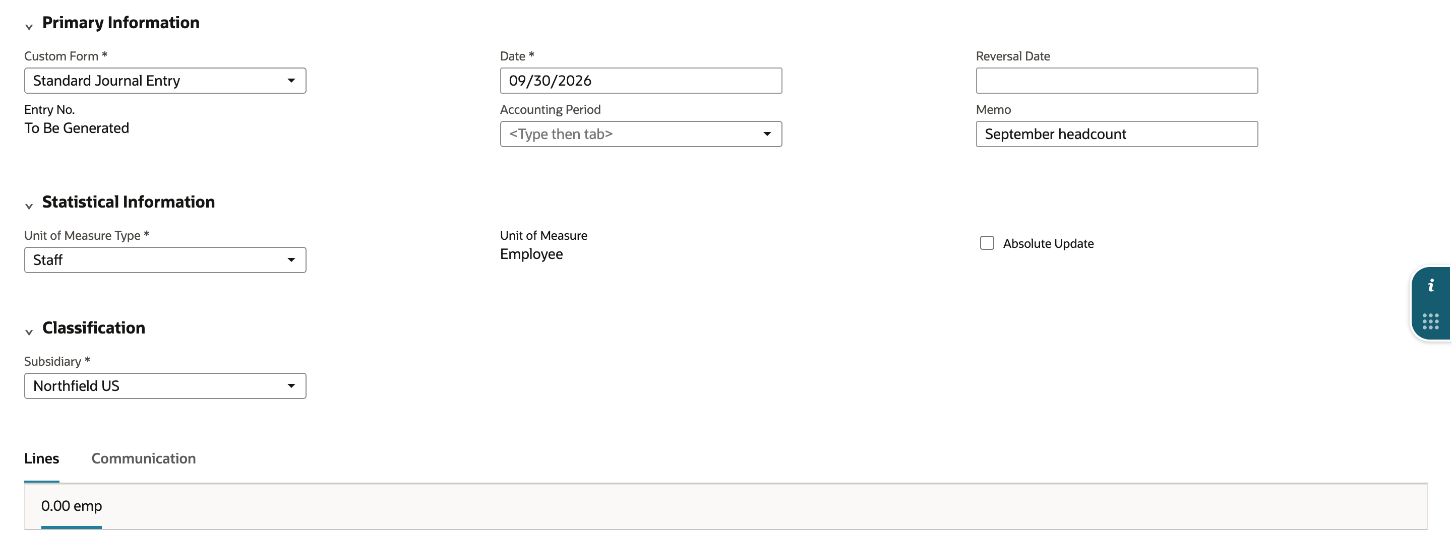 NetSuite statistical journal entry form with Date 09/30/2026, Memo September headcount, Unit of Measure Type Staff, Unit of Measure Employee, Absolute Update cleared, Subsidiary Northfield US and a Lines total of 0.00 emp