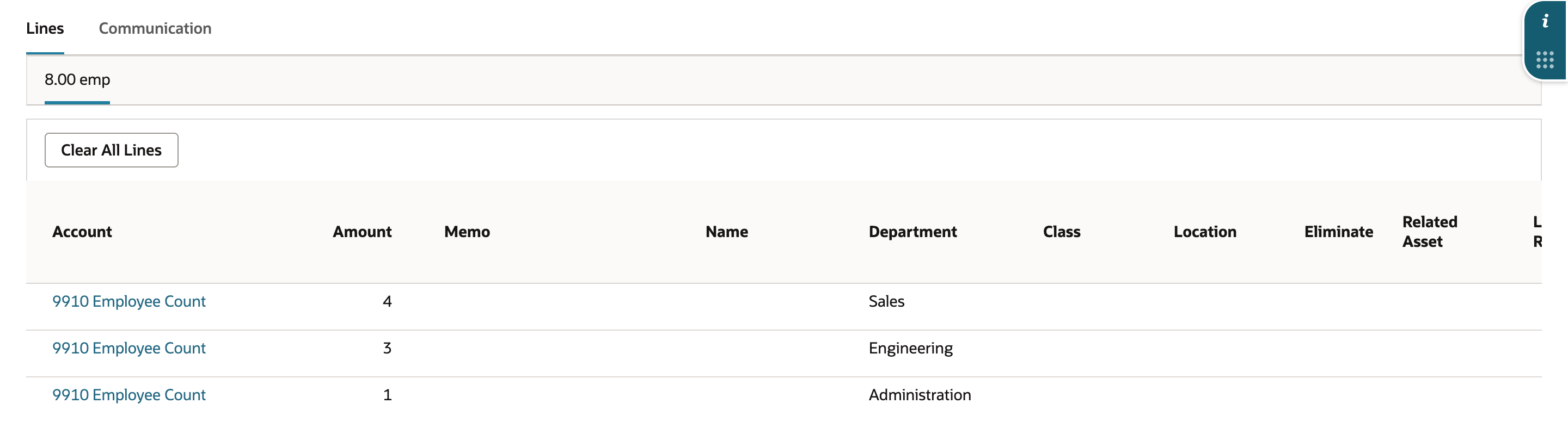 NetSuite statistical journal Lines subtab with three lines on 9910 Employee Count: 4 Sales, 3 Engineering, 1 Administration, and a total of 8.00 emp