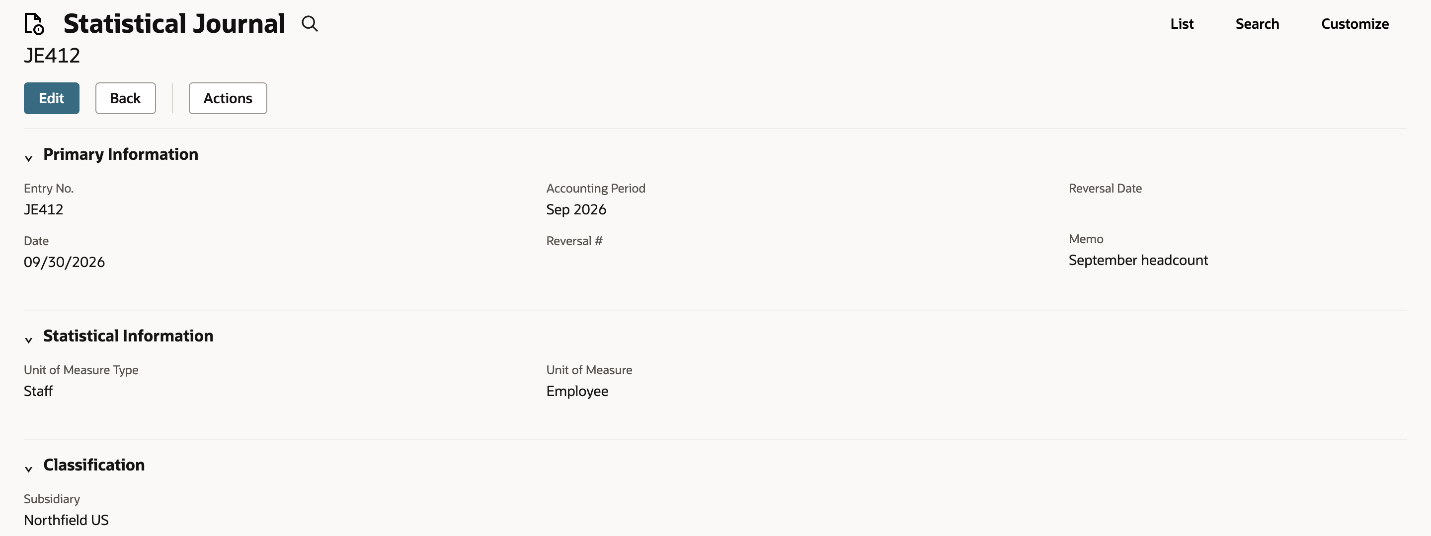 Saved NetSuite statistical journal JE412 dated 09/30/2026 in Sep 2026, memo September headcount, Unit of Measure Type Staff, Unit of Measure Employee, Subsidiary Northfield US